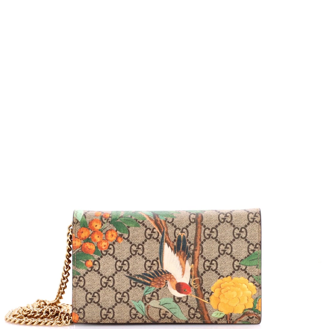 Gucci Chain Wallet Tian Print GG Coated Canvas: Gucci Chain Wallet Tian Print GG Coated Canvas Brown canvas-coated Gucci wallet features the iconic Tian print in gold hardware, with a chain strap and red leather interior. The exterior shows signs
