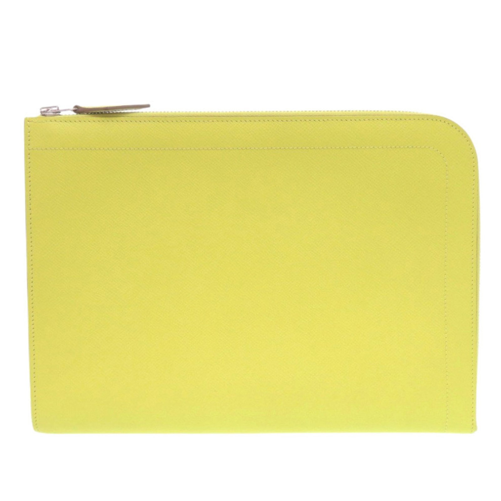 Hermes Clutch Bag Epsom Leather: Hermes Clutch Bag Epsom Leather Epsom leather craftsmanship shines in this vibrant lime and yellow Herm?s clutch bag, featuring silver hardware and a zipper closure. Made from high-quality Epsom