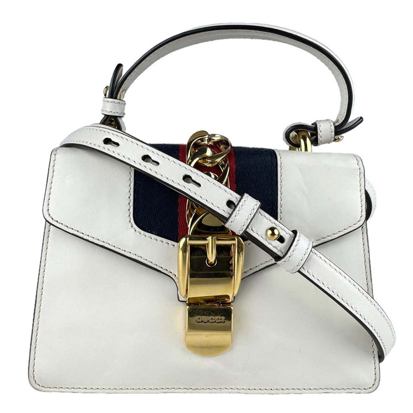 Gucci Shoulder Bag Leather: Gucci Shoulder Bag Leather Navy, Red, and White Gucci Shoulder Bag Leather - A stylish and versatile accessory from the iconic Italian brand. Made from high-quality leather, this shoulder bag measures