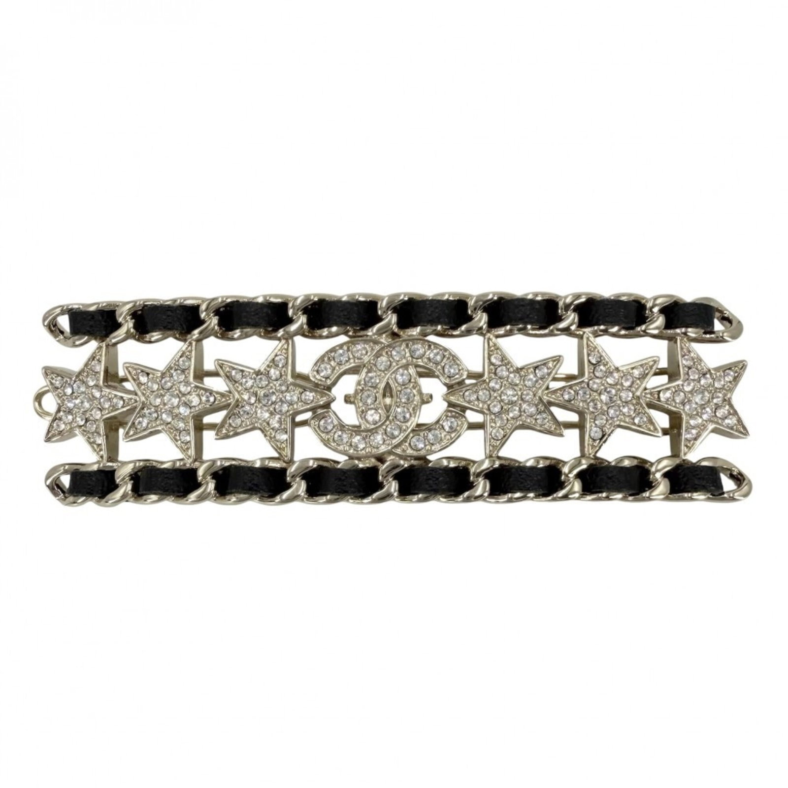 Leather Barrette Chanel: Leather Barrette Chanel The Leather Barrette Chanel boasts a sleek gold-plated finish and adds a touch of glamour to any hairstyle. Crafted from high-quality leather, this elegant accessory features a