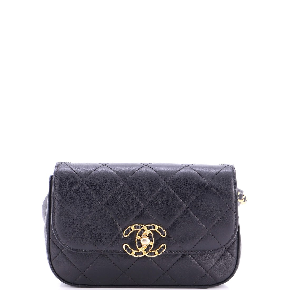 Chain Bag Quilted Lambskin Waist Chanel Infinity: Chain Bag Quilted Lambskin Waist Chanel Infinity Chain Bag Quilted Lambskin Waist Chanel Infinity features a quilted lambskin exterior in black, with minor fraying on the back and creases. The bag's