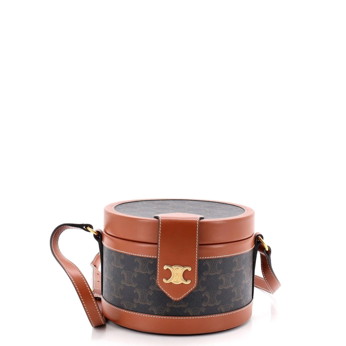 Celine Tambour Bag Triomphe Coated Canvas Medium: Celine Tambour Bag Triomphe Coated Canvas Medium The Celine Tambour Bag Triomphe Coated Canvas Medium boasts a rich, brown canvas exterior with gold hardware, adding a touch of sophistication to any o