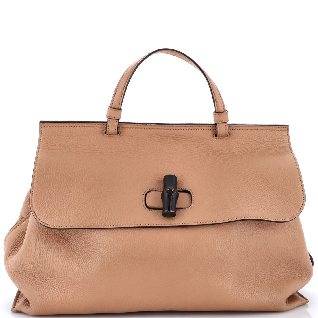 Bamboo top daily leather bag large handle Gucci: Bamboo top daily leather bag large handle Gucci Bamboo top daily leather bag with large handle from Gucci, featuring neutral exterior color and silver hardware. This large size bag measures 12" tall, 