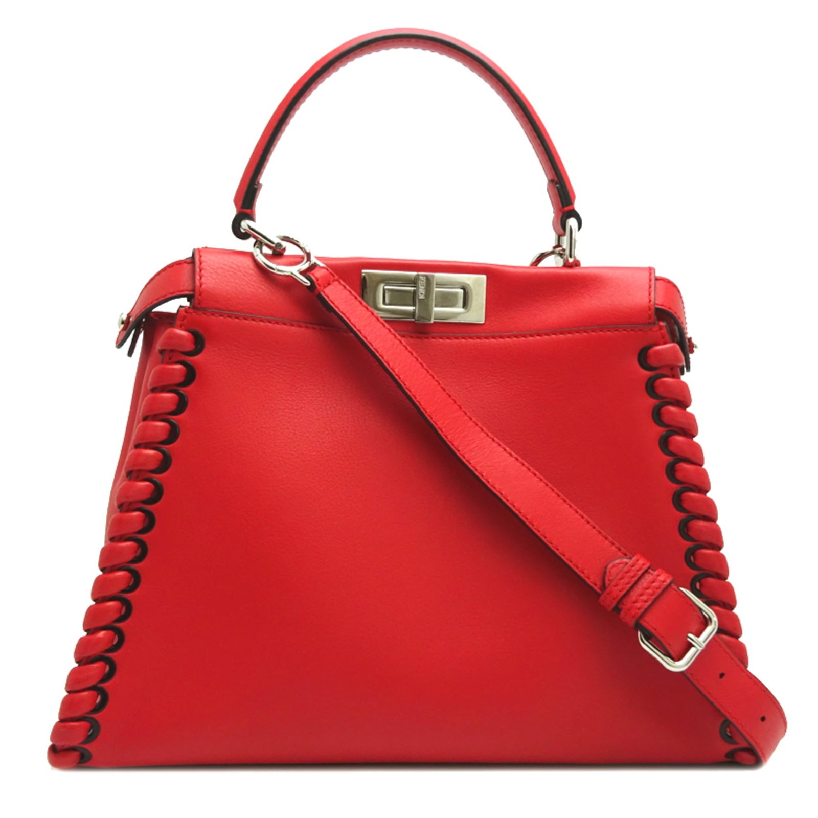 Fendi Handbag Leather: Fendi Handbag Leather Red Fendi Handbag Leather, measuring 26.5cm x 34.5cm x 13.5cm, features high-quality leather material in a striking red color. This handbag's sleek design and substantial