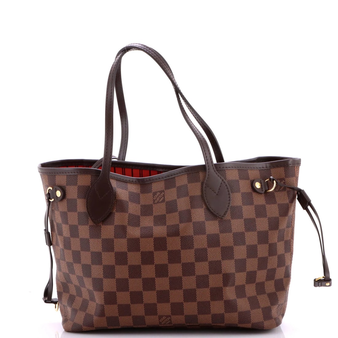 Damier PM Louis Vuitton Neverfull Tote NM: Damier PM Louis Vuitton Neverfull Tote NM Brown Damier PM Louis Vuitton Neverfull Tote NM, featuring canvas coated exterior with scuffs and edge wear, measures 9" high x 11" wide x 5" deep. The interi
