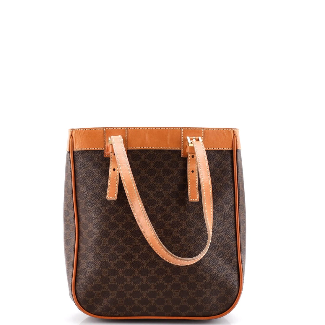 Celine Vintage Macadam Shopper Tote Coated Canvas Small: Celine Vintage Macadam Shopper Tote Coated Canvas Small Brown canvas coated tote with gold hardware, featuring a small size and classic design. The exterior shows signs of wear, including heavy