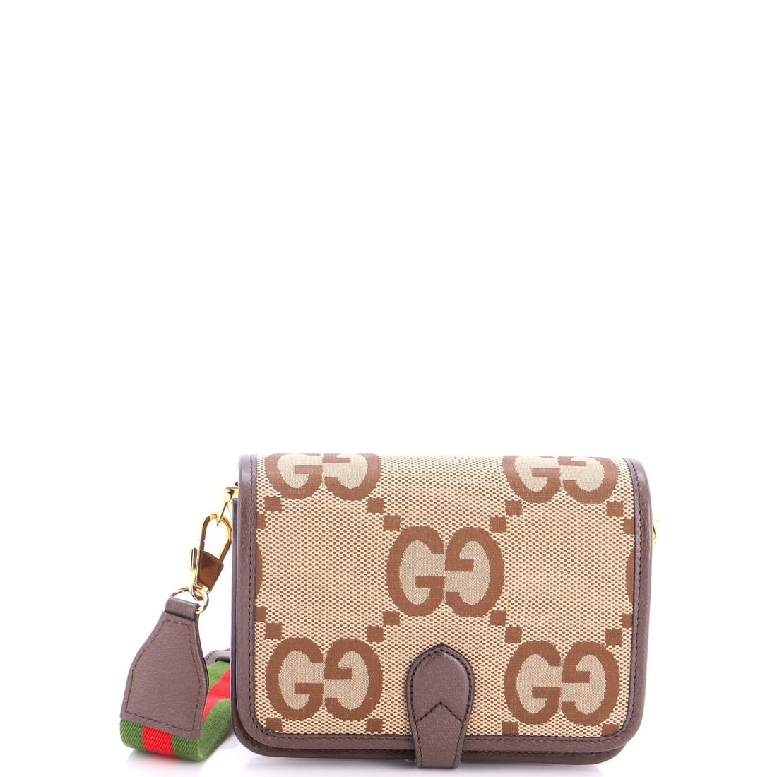 Gucci Buckle Messenger Bag Jumbo GG Canvas Small: Gucci Buckle Messenger Bag Jumbo GG Canvas Small Gucci's iconic Buckle Messenger Bag in brown canvas is a stylish and functional accessory. Measuring 6" tall, 8" wide, and 3" deep, it features a class