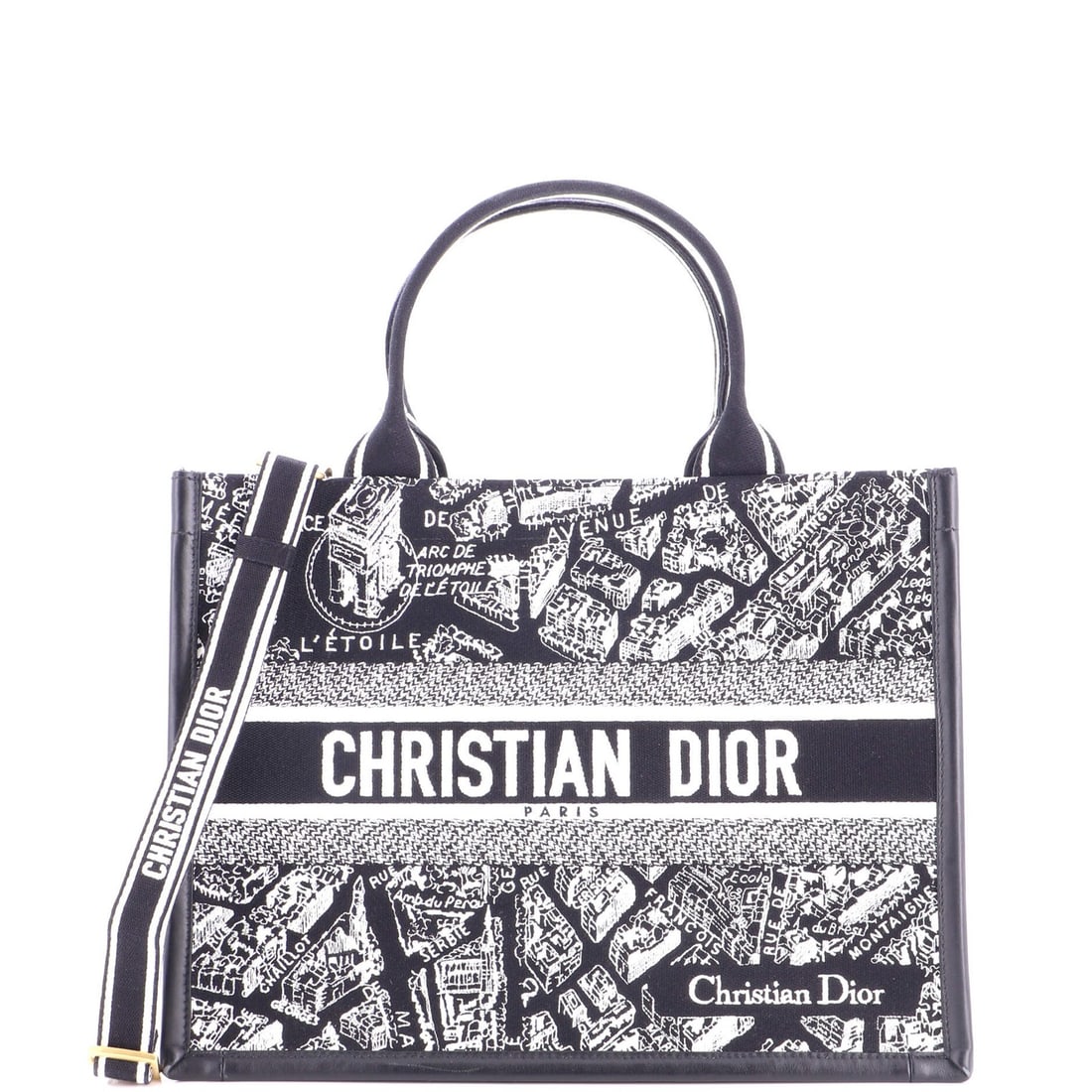 Christian Dior Book Tote with Strap Embroidered Canvas Medium: Christian Dior Book Tote with Strap Embroidered Canvas Medium This medium-sized Christian Dior Book Tote features an embroidered canvas exterior in black, with a classic design and timeless elegance.
