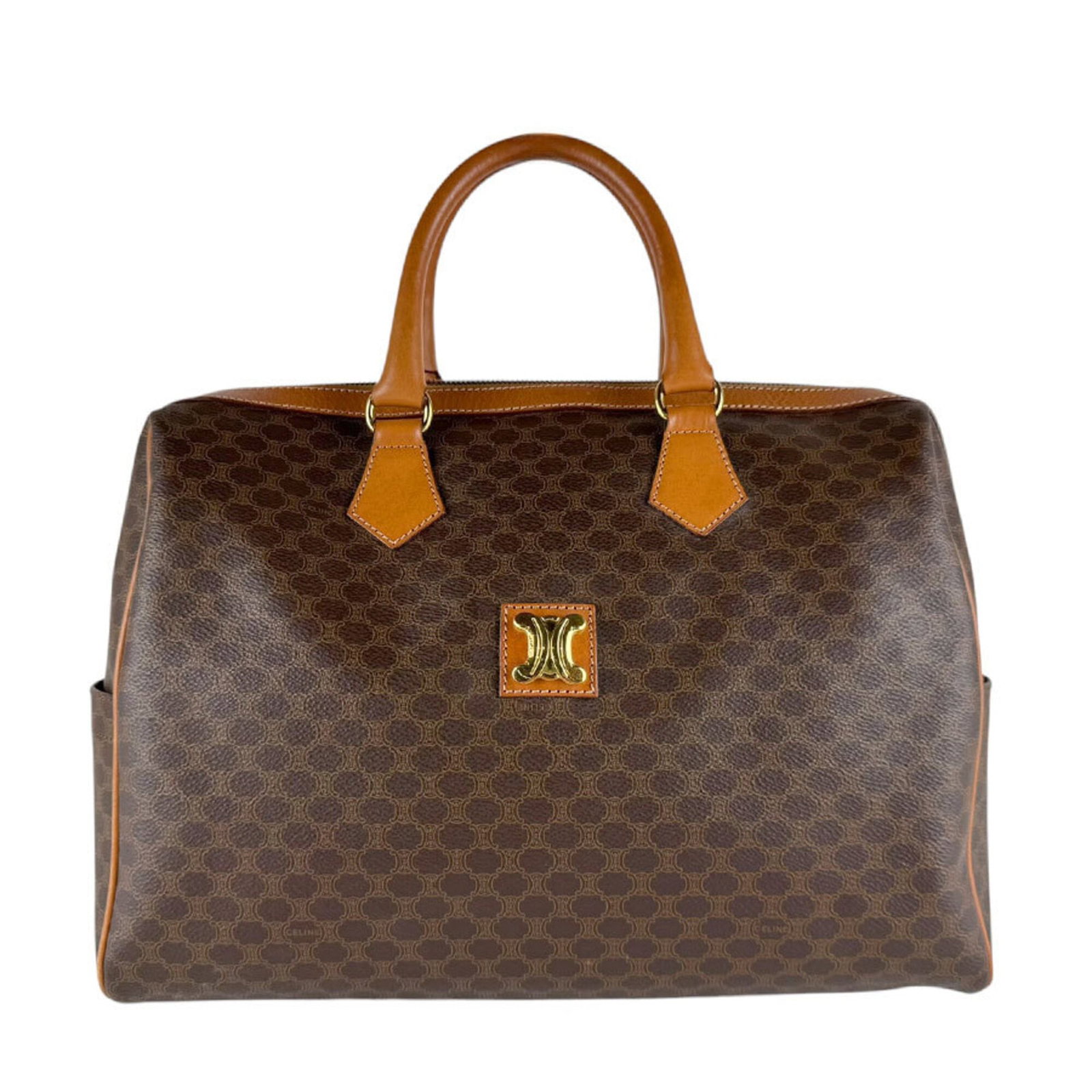 Canvas Leather Coated Handbag Boston Bag: Canvas Leather Coated Handbag Boston Bag Coated canvas and leather come together in the Boston bag, a stylish design from Celine. Measuring 24cm x 37cm x 17cm, this brown handbag features a unique com