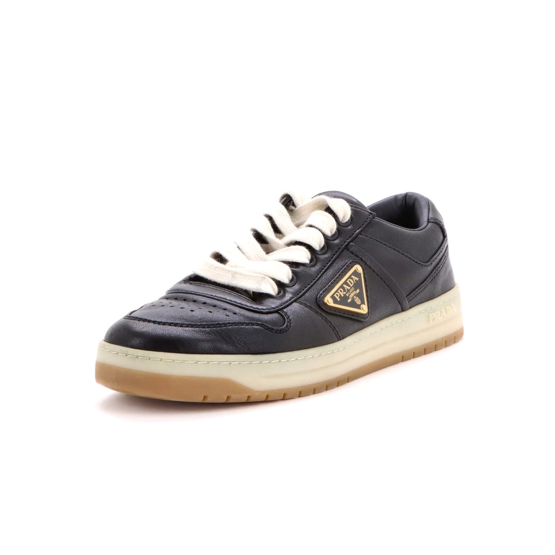 Prada Women's Downtown Low-Top Sneakers Leather: Prada Women's Downtown Low-Top Sneakers Leather Black Prada Women's Downtown Low-Top Sneakers Leather, featuring leather upper and interior, gold hardware, and classic low-top design. The shoes show