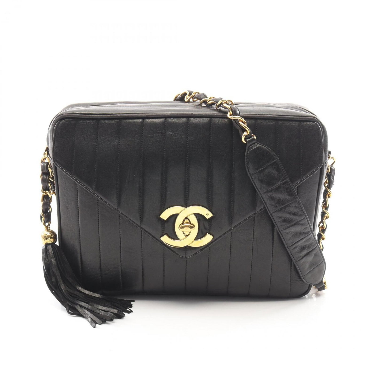 Chanel Handbag Shoulder Bag Leather: Chanel Handbag Shoulder Bag Leather This black lambskin Chanel shoulder bag features gold hardware and measures 22cm x 30cm x 7.5cm. Made from high-quality leather, its classic design makes it a