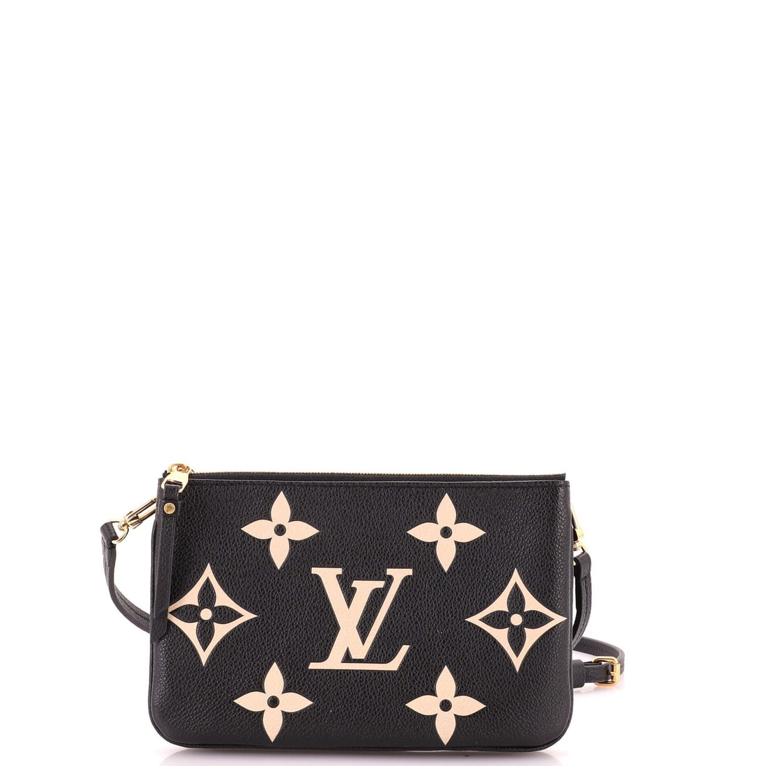 Double zip pochette bicolor monogram empreinte giant Louis Vuitton: Double zip pochette bicolor monogram empreinte giant Louis Vuitton Black leather exterior with gold hardware, featuring a double zip closure and a giant Louis Vuitton monogram empreinte. This cross