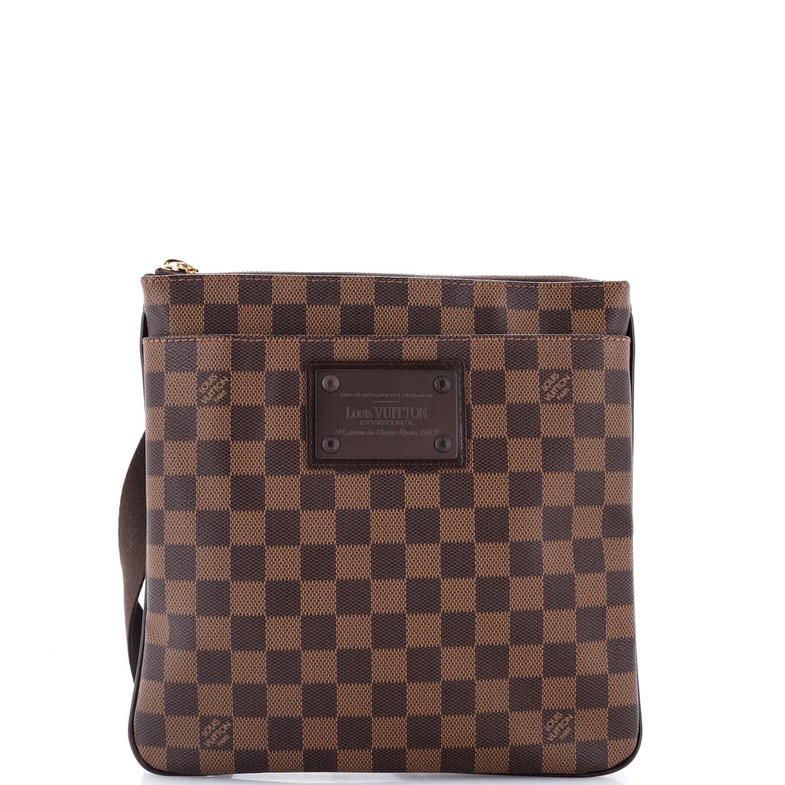 Plate Pochette Damier Louis Vuitton Brooklyn: Plate Pochette Damier Louis Vuitton Brooklyn The Louis Vuitton Brooklyn Pochette Plate Damier in brown canvas features a classic cross body design with a sturdy handle drop and gold hardware. Measurin