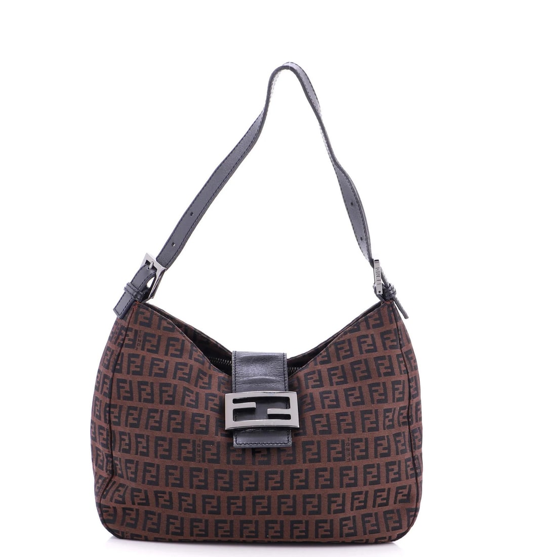 Baguette Zucca Canvas Fendi Mini Bag: Baguette Zucca Canvas Fendi Mini Bag The Baguette Zucca Canvas Fendi Mini Bag boasts a timeless design in rich brown canvas, perfectly balanced by sleek silver hardware. With its compact size and