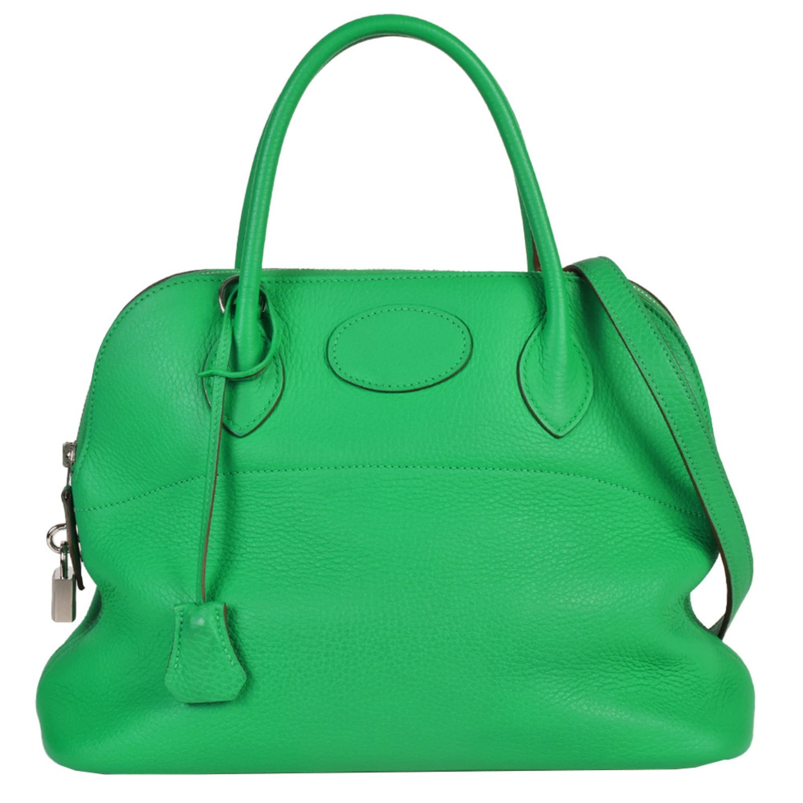 Hermes Handbag Taurillon Leather Clemence: Hermes Handbag Taurillon Leather Clemence Taurillon clemence leather gives the Hermes Bolide handbag its distinctive look and feel. This green, mint green colored bag features an open closure, open po