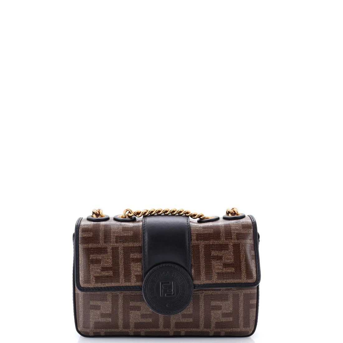 Leather Zucca Coated Canvas Fendi FF Logo Stamp Mini Bag: Leather Zucca Coated Canvas Fendi FF Logo Stamp Mini Bag Brown canvas coated Fendi FF logo stamp mini bag with gold hardware, featuring a cross body design and suede interior. The bag's exterior