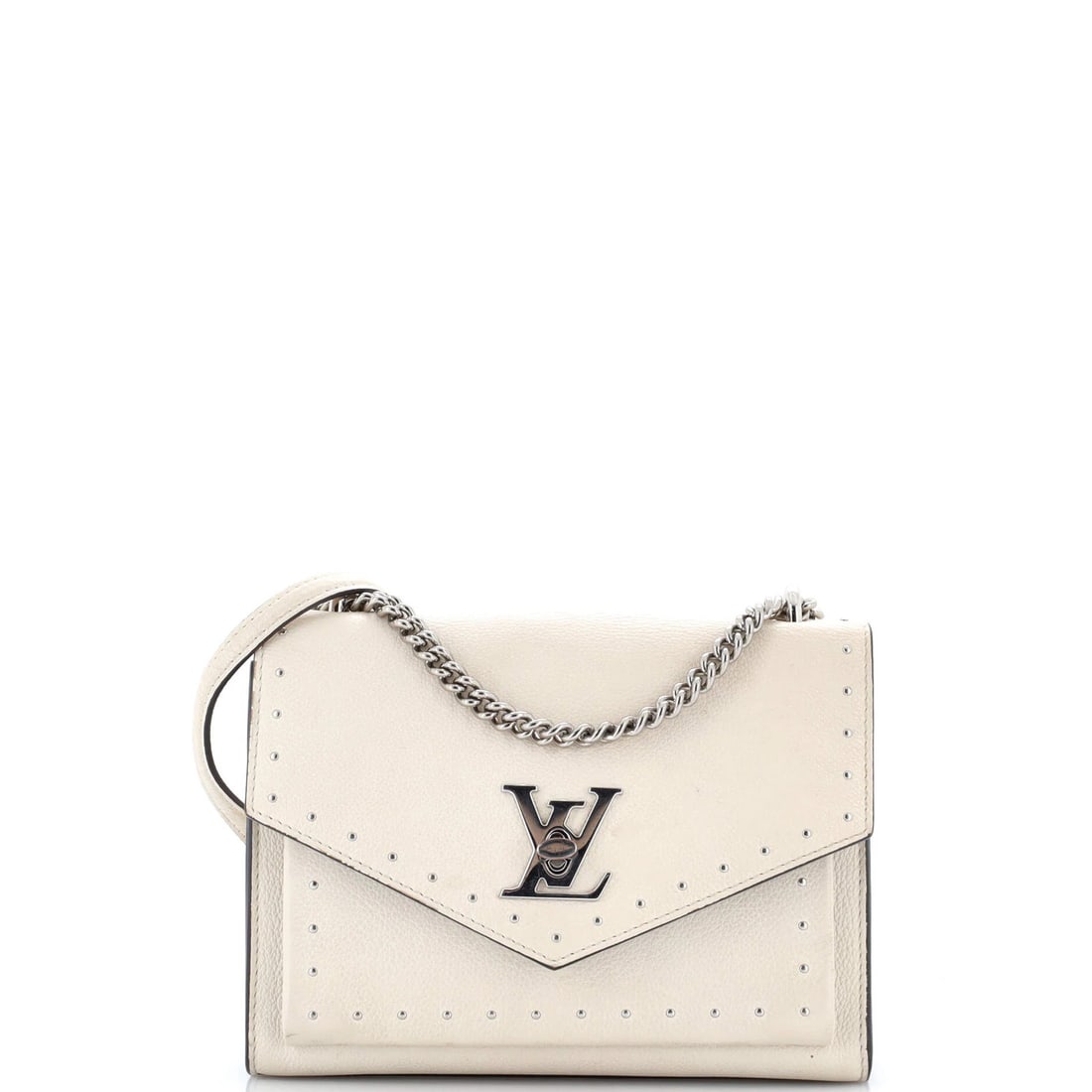 Louis Vuitton Mylockme Handbag Studded Leather BB: Louis Vuitton Mylockme Handbag Studded Leather BB Heavy scuffs, creases, and edge wear are evident on the exterior of this Louis Vuitton Mylockme Handbag Studded Leather BB. The neutral color provides