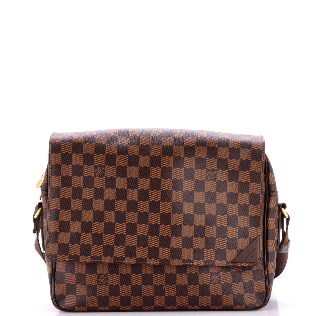 Louis Vuitton Shelton Messenger Bag Damier MM: Louis Vuitton Shelton Messenger Bag Damier MM Brown Louis Vuitton Shelton Messenger Bag Damier MM with canvas coated leather exterior and brown fabric interior, featuring aged gold hardware. Measuring