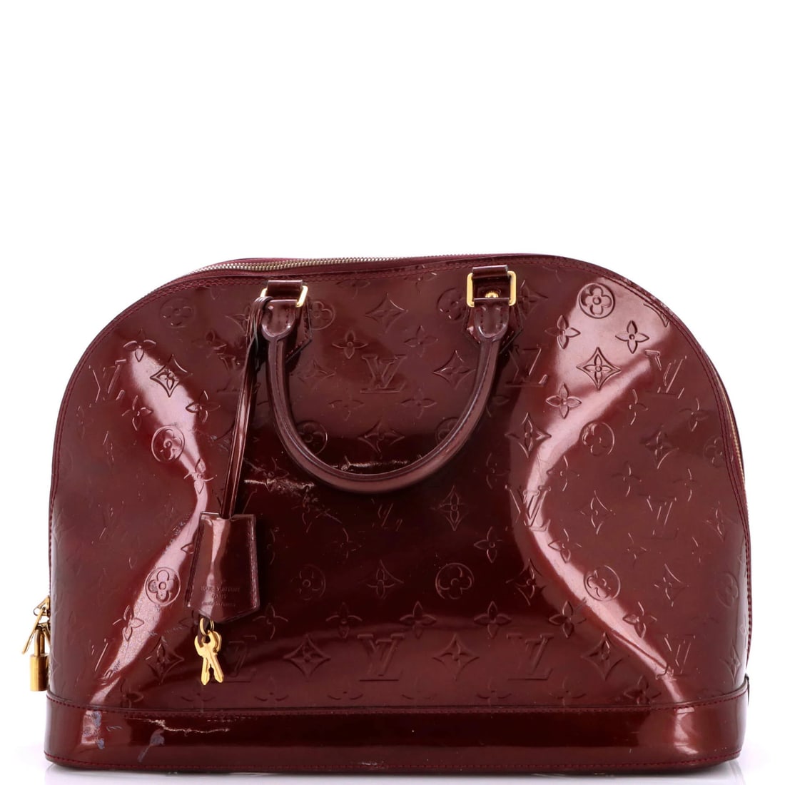Vernis Monogram Louis Vuitton Alma GM Handbag: Vernis Monogram Louis Vuitton Alma GM Handbag Burgundy Vernis Monogram Louis Vuitton Alma GM Handbag for sale, featuring patent leather exterior with heavy scuffs and cracking throughout. The handbag