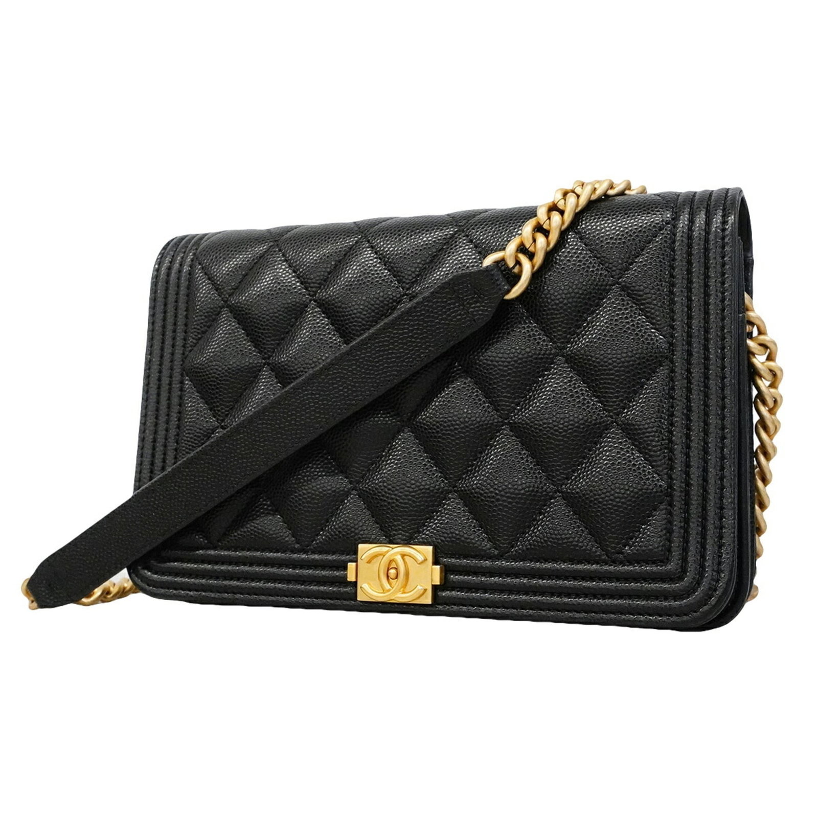 Chanel Chain/ Shoulder Wallet Grained Calfskin: Chanel Chain/ Shoulder Wallet Grained Calfskin Chain/Shoulder wallet in grained calfskin, available in black. This stylish accessory features a sleek design and classic Chanel aesthetic. Measuring