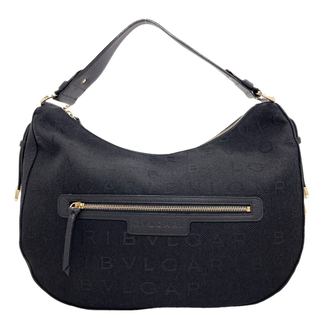 Bvlgari One Belt Logomania Shoulder Bag Canvas: Bvlgari One Belt Logomania Shoulder Bag Canvas Black canvas Bvlgari One Belt Logomania shoulder bag with bold, prominent logo. This stylish bag features a classic design and sleek silhouette, making