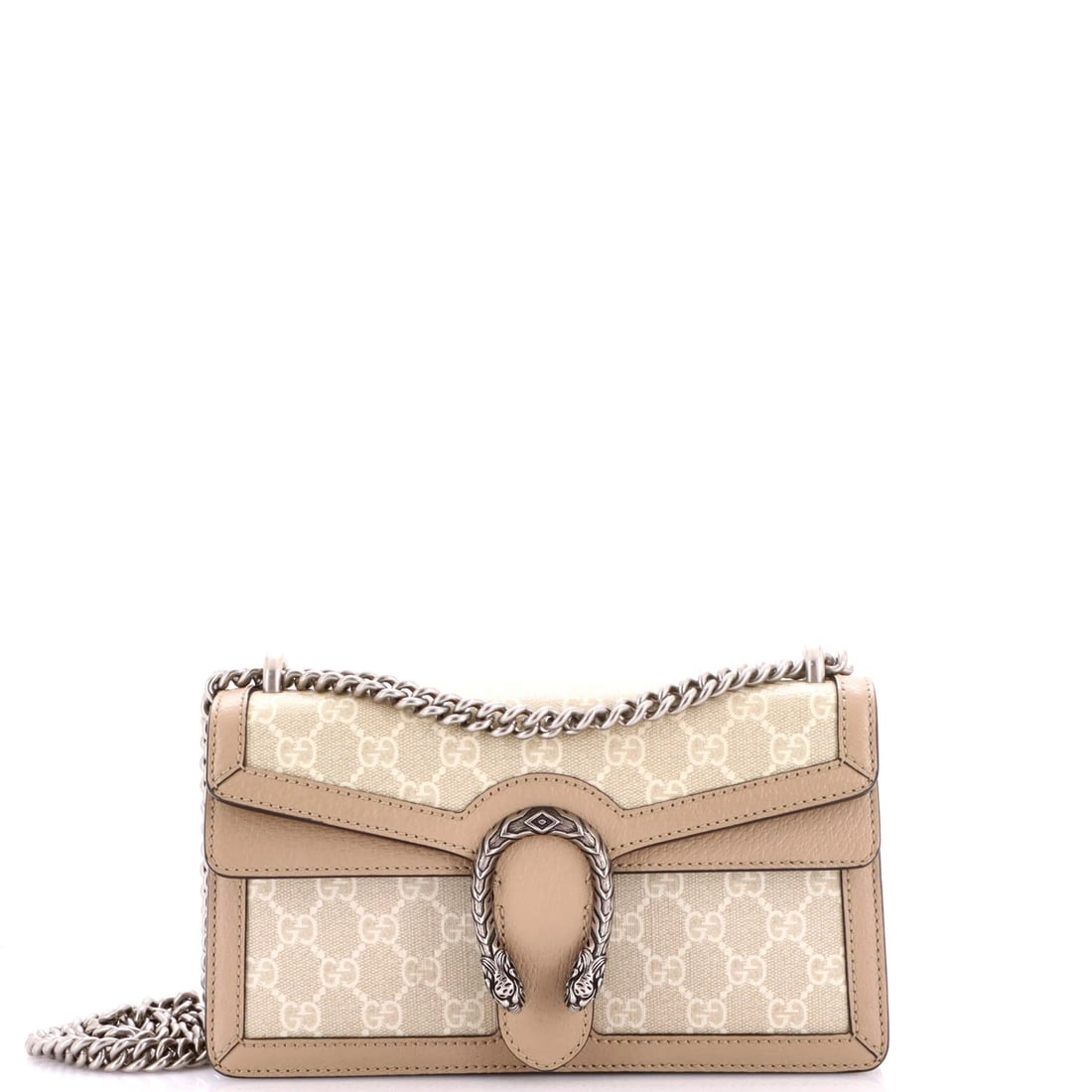 Gucci Dionysus Bag GG Coated Canvas with Leather Small: Gucci Dionysus Bag GG Coated Canvas with Leather Small Small Gucci Dionysus Bag in Neutral Color, Featuring GG Coated Canvas and Leather. This shoulder bag boasts a neutral exterior with canvas