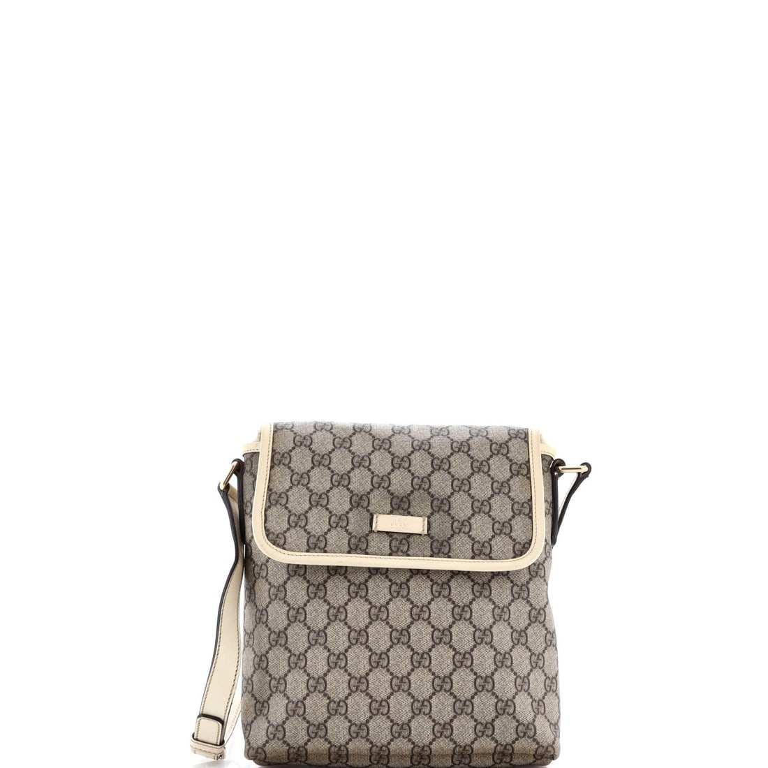 Gucci small coated canvas messenger flap gg: Gucci small coated canvas messenger flap gg Small Gucci messenger flap bag with coated canvas exterior in brown. Features gold hardware and a classic GG logo, adding a touch of luxury to its understat