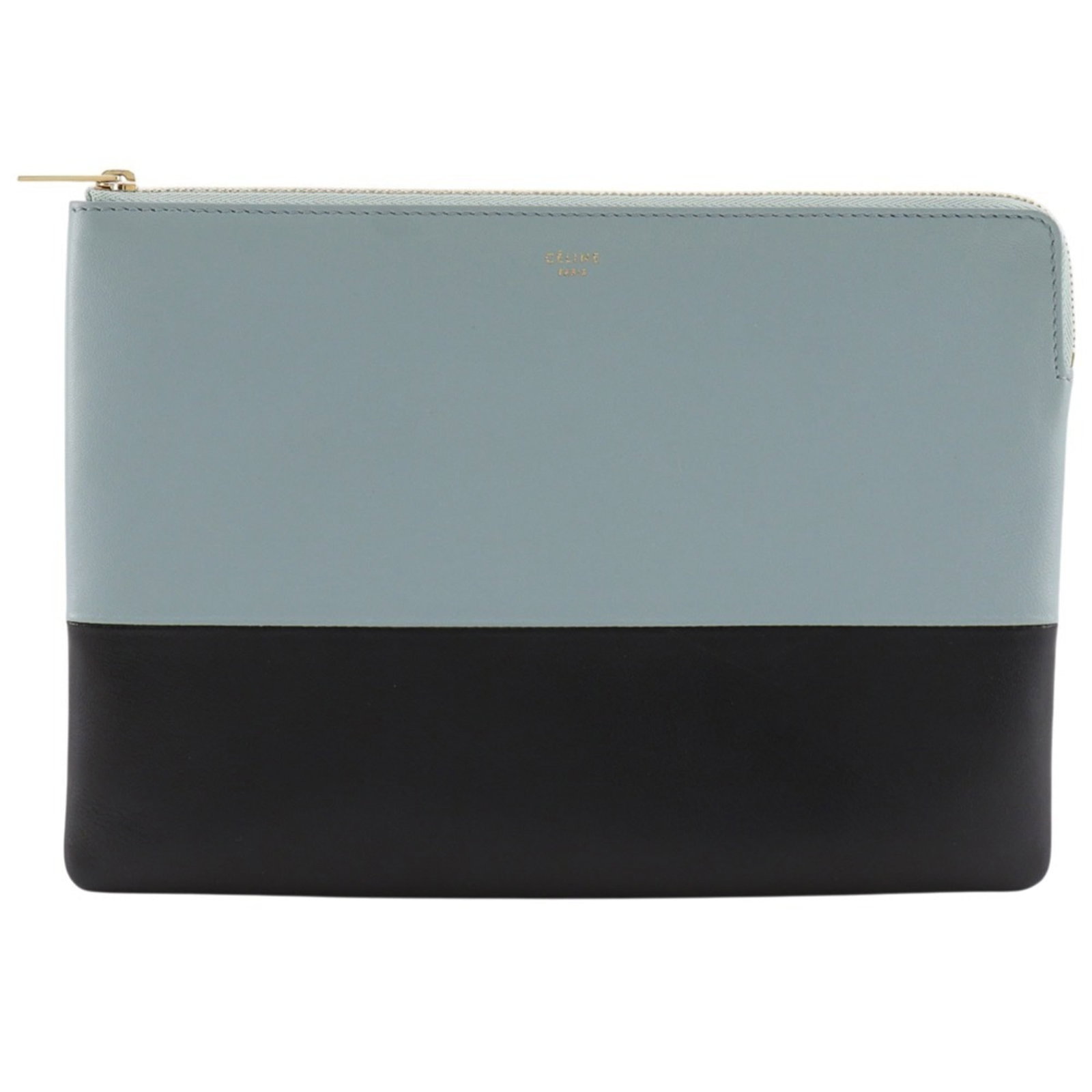 Celine Clutch Bag Pouch Leather: Celine Clutch Bag Pouch Leather Calfskin leather Celine clutch bag pouch in black and light blue. Made with high-quality materials, this stylish accessory measures 18cm x 25cm x 1cm. Perfect for