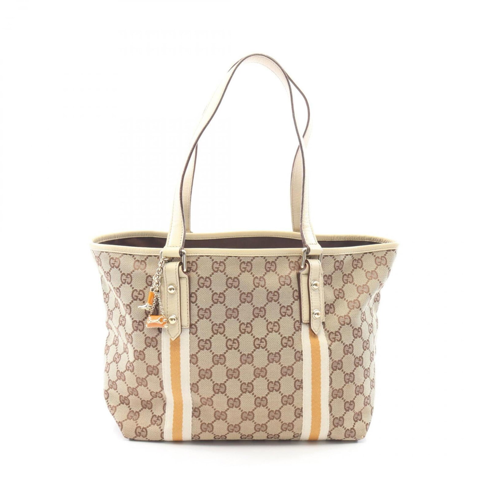 Canvas leather handbag tote gucci: Canvas leather handbag tote gucci Canvas leather handbag tote from Gucci, featuring a unique combination of canvas and leather materials in beige, ivory, and orange hues. The bag measures 22cm x 27cm 