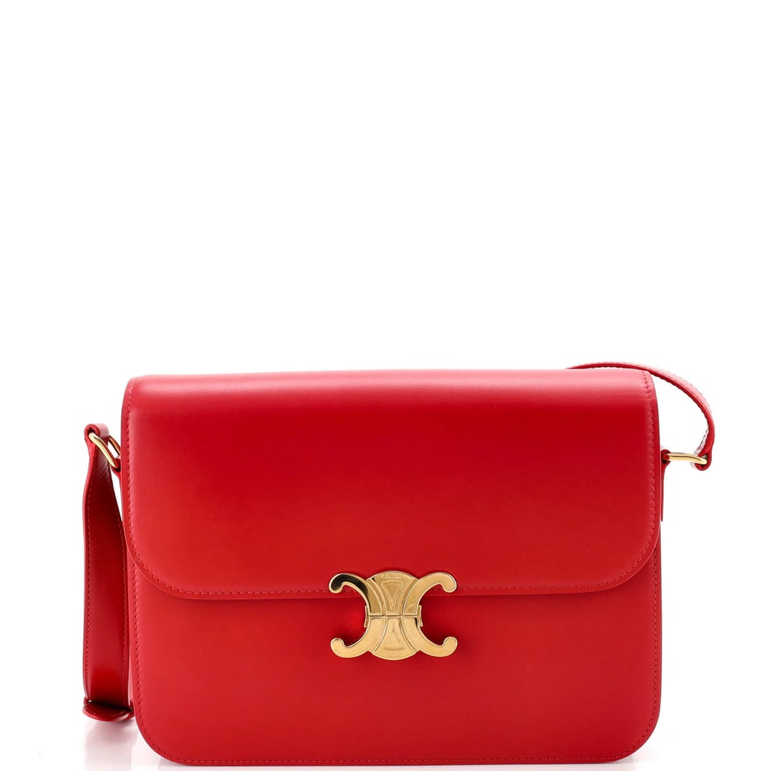 Celine Triomphe Shoulder Bag Smooth Calfskin Large: Celine Triomphe Shoulder Bag Smooth Calfskin Large Red Celine Triomphe Shoulder Bag with Smooth Calfskin Leather exterior, featuring a large size and gold hardware. The bag has minor scuffs and edge w