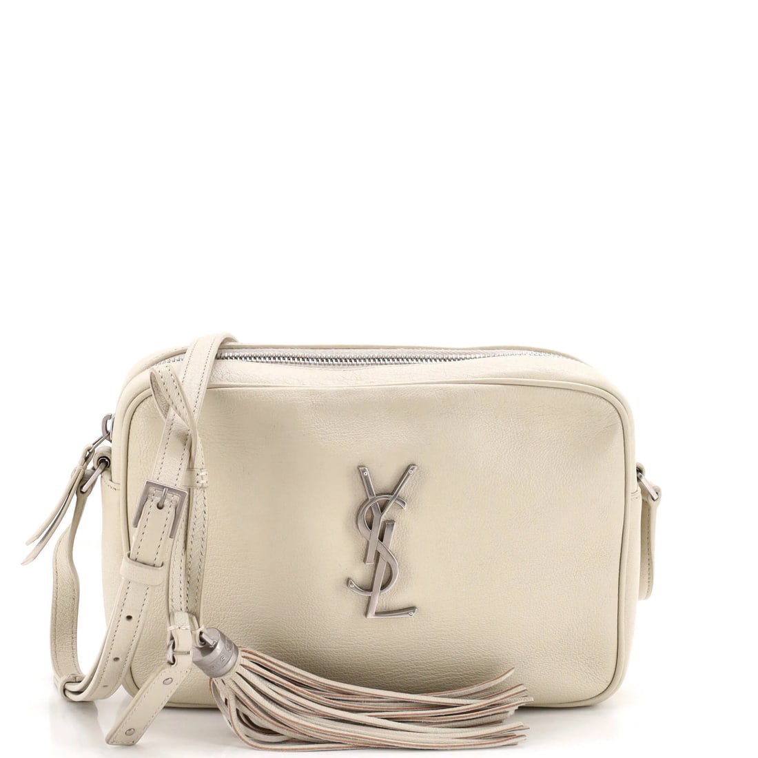 Lou Saint Laurent Camera Bag Leather Small: Lou Saint Laurent Camera Bag Leather Small Small, neutral-colored Saint Laurent Lou Camera Bag with leather exterior and black interior. This cross-body bag features a classic design with minor crease