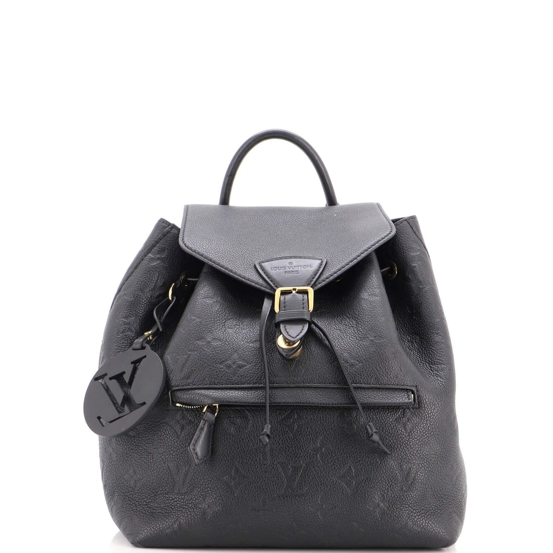 Montsouris Leather PM Backpack Monogram Vuitton Louis Empreinte: Montsouris Leather PM Backpack Monogram Vuitton Louis Empreinte Black Montsouris NM Backpack Monogram Empreinte Leather PM features heavy corner wear, scuffs, cracking, edge wear, and minor creases.
