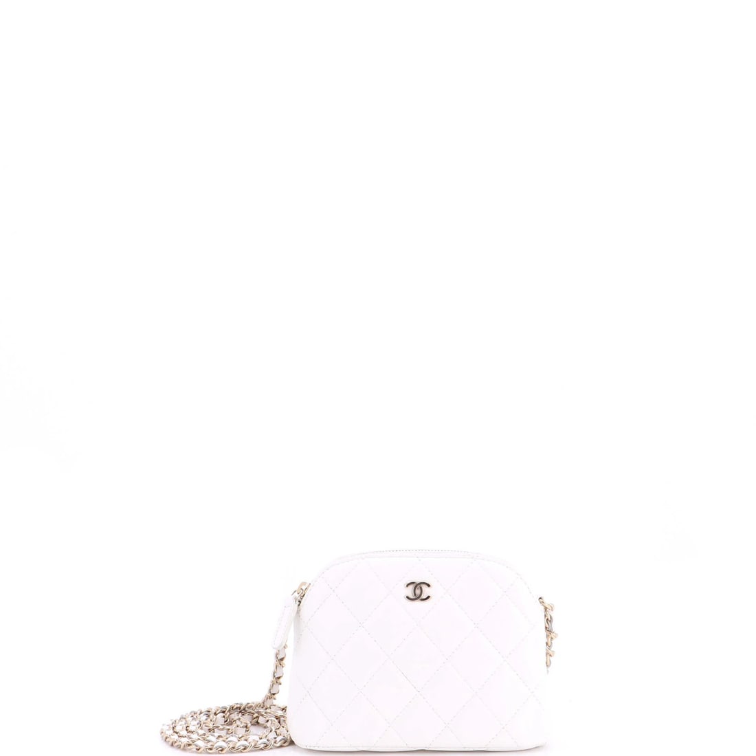 Zip Clutch Dome Chain Caviar Quilted Mini Chanel: Zip Clutch Dome Chain Caviar Quilted Mini Chanel Zip Clutch Dome Chain Caviar Quilted Mini Chanel features a striking white leather exterior with quilted caviar detailing, adorned with gold tone hardw