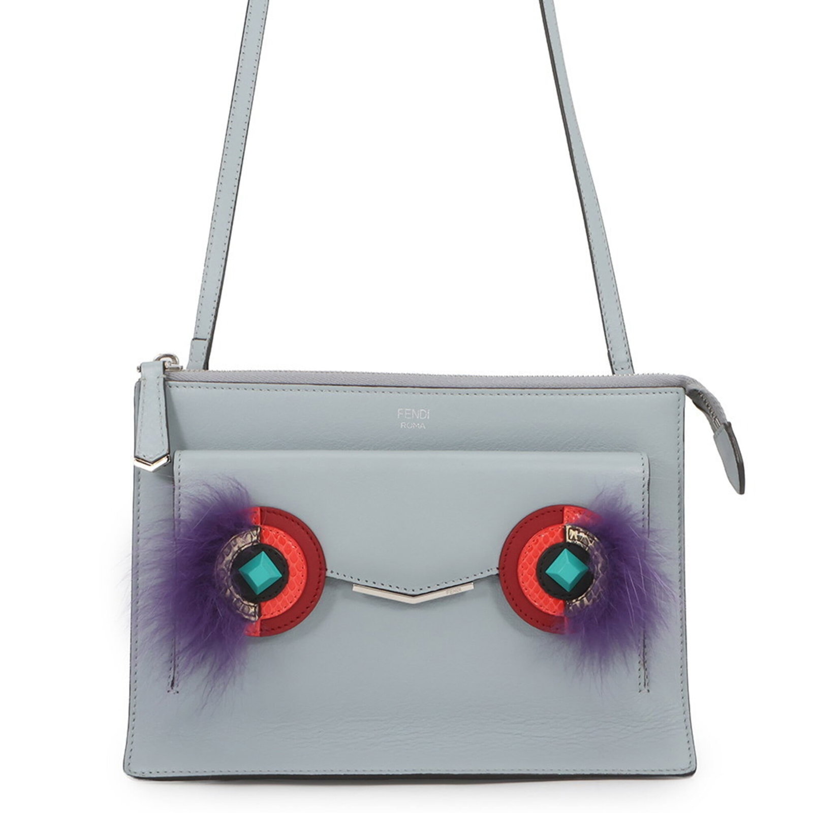 Fendi leather clutch handbag bag shoulder: Fendi leather clutch handbag bag shoulder Fendi's leather clutch handbag boasts a sleek, multi-color design in a versatile gray hue. With its compact size and shoulder strap, it offers a convenient
