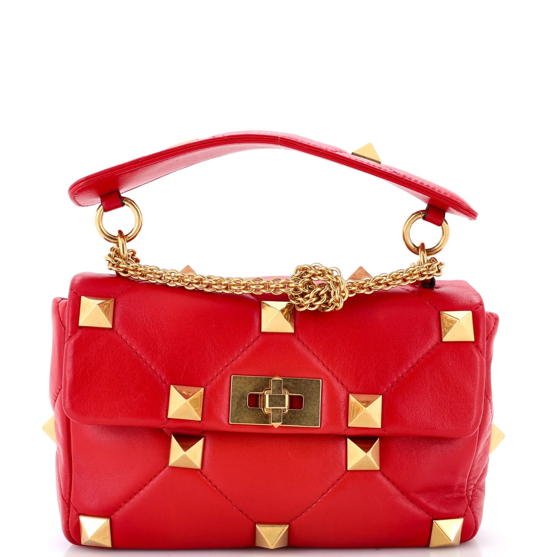Roman Garavani Medium Bag Quilted Leather Valentino Stud Flap: Roman Garavani Medium Bag Quilted Leather Valentino Stud Flap The Roman Garavani Medium Bag features quilted leather and a striking red exterior, adorned with an aged gold stud flap. Measuring 6"