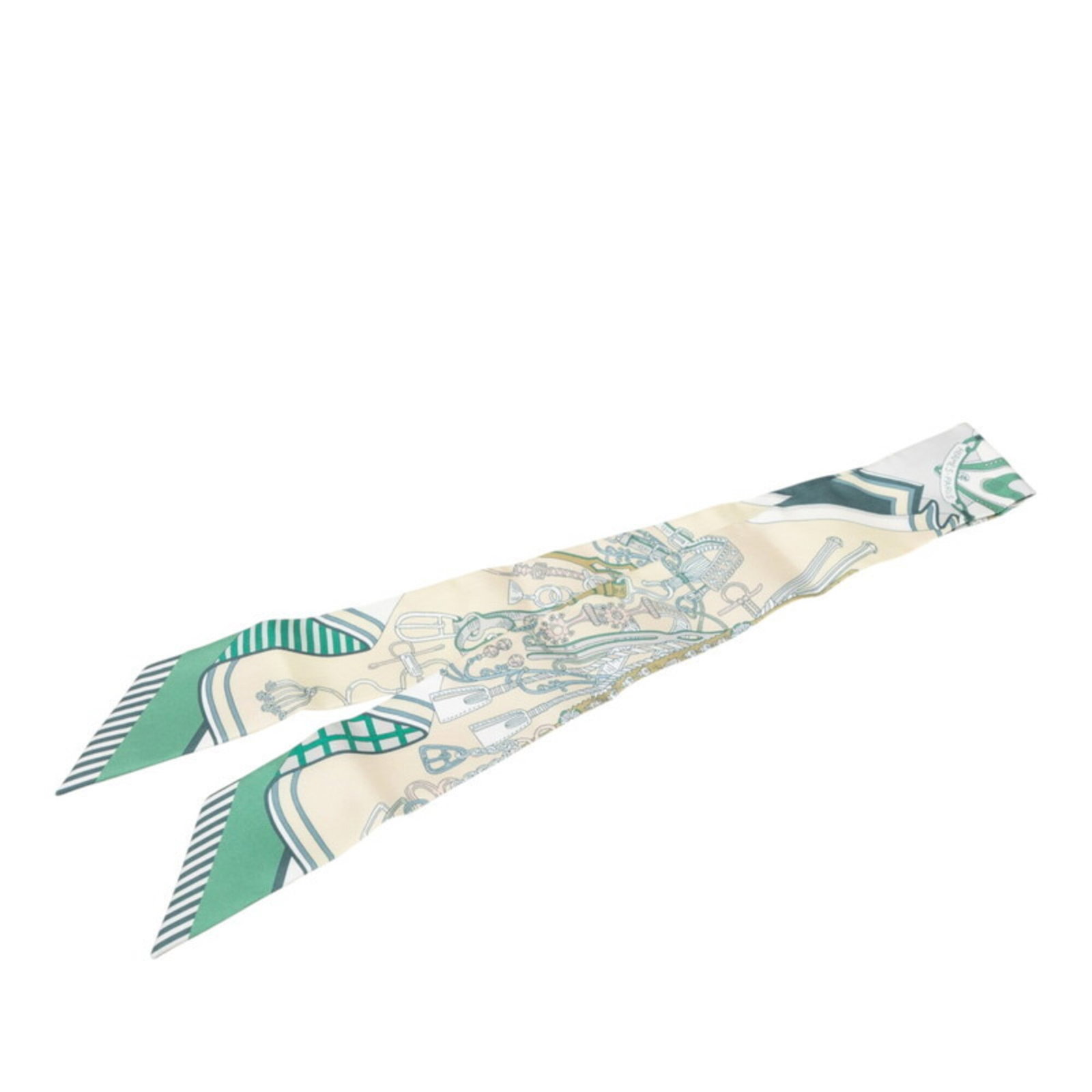 Hermes Silk Scarf: Hermes Silk Scarf Silk fabric provides a luxurious feel to this Hermes scarf, available in beige and green hues. The compact size measures 85cm x 5cm, making it a versatile accessory for everyday wear