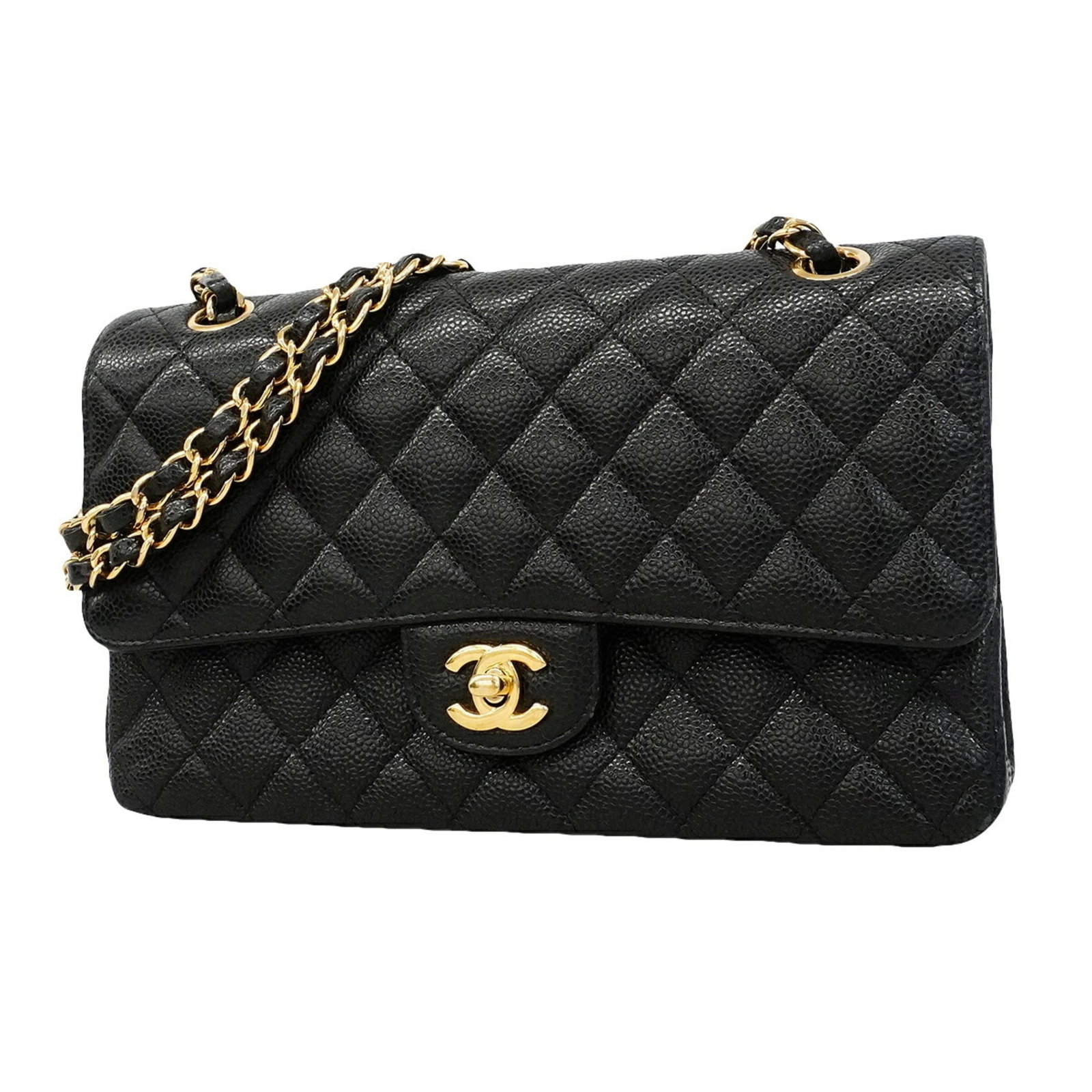 Calfskin Handbag by Chanel: Calfskin Handbag by Chanel Calfskin Handbag by Chanel features a classic design with grained calfskin material and gold hardware, showcasing a timeless elegance. Measuring 15cm x 25cm x 7cm, this