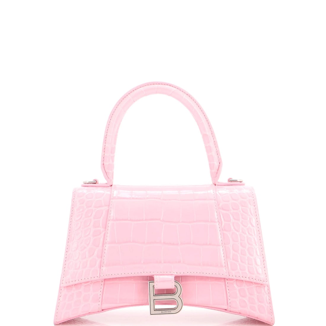 Crocodile Embossed Leather Small Top Handle Bag Hourglass By Balenciaga: Crocodile Embossed Leather Small Top Handle Bag Hourglass By Balenciaga Crocodile embossed leather adds an edgy touch to this small, top-handle bag from Balenciaga. With its pink exterior and