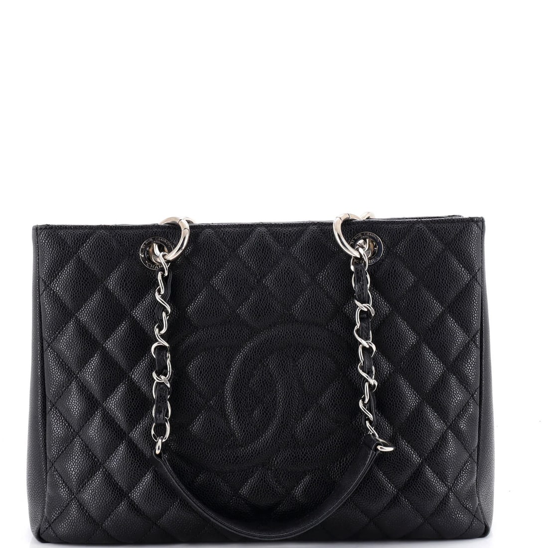 Caviar Quilted Shopping Tote Chanel: Caviar Quilted Shopping Tote Chanel The Chanel Grand Shopping Tote Quilted Caviar features a classic black leather exterior with subtle scuffs and creases, showcasing its well-worn charm. This quilted
