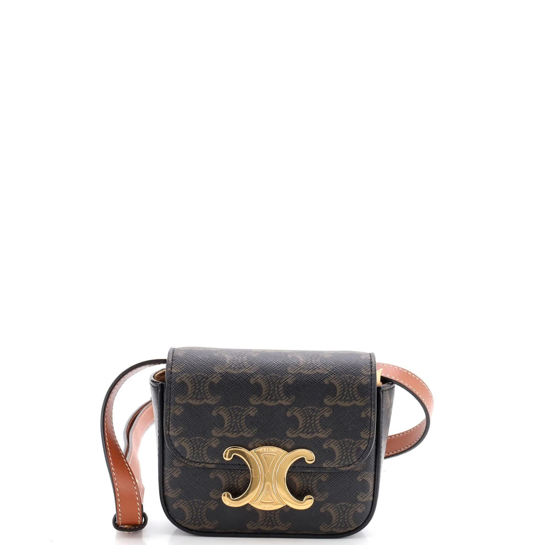 Triomphe Coated Canvas Mini Celine Shoulder Bag Claude: Triomphe Coated Canvas Mini Celine Shoulder Bag Claude Triomphe Coated Canvas Mini Celine Shoulder Bag Claude boasts a rich, brown canvas exterior with subtle minor creases and gold tone hardware.