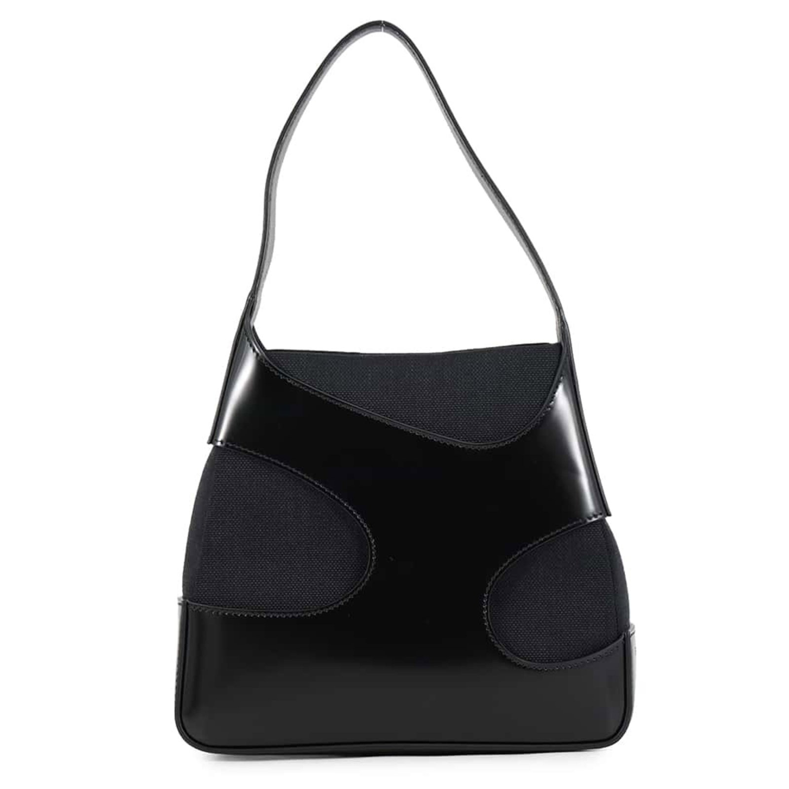Canvas patent leather handbag by Salvatore Ferragamo: Canvas patent leather handbag by Salvatore Ferragamo Canvas patent leather handbag by Salvatore Ferragamo, featuring a sleek black design with a magnetic closure. This stylish bag measures 19cm x 21.5