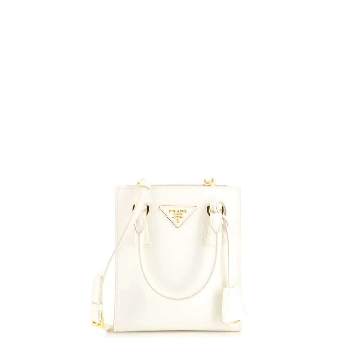 Saffiano Leather Mini Tote Convertible Open Prada: Saffiano Leather Mini Tote Convertible Open Prada Saffiano Leather Mini Tote Convertible Open Prada features a sleek, white exterior with convertible open design. The top handle and interior are made