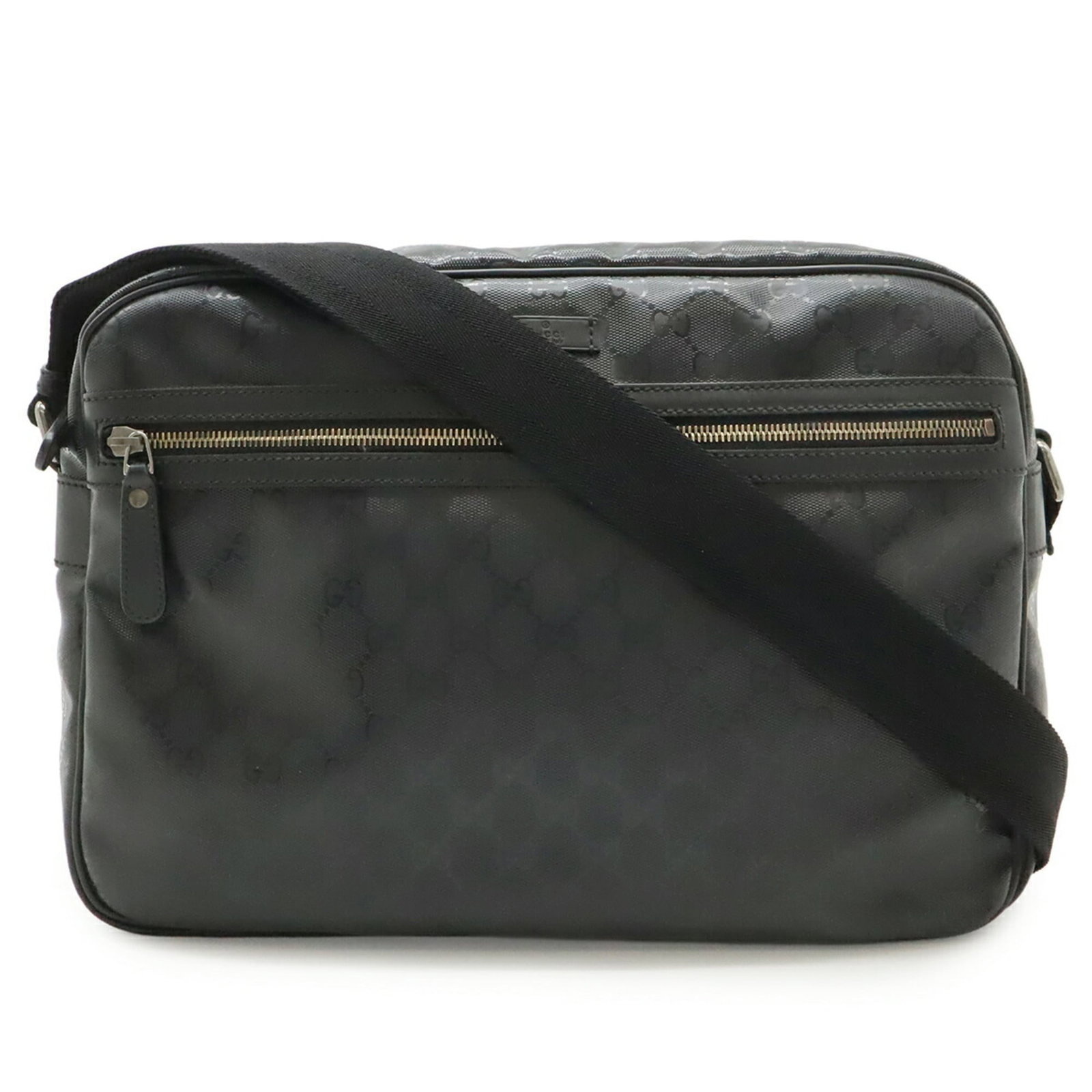 Handbag coated leather canvas shoulder bag Gucci: Handbag coated leather canvas shoulder bag Gucci Coated canvas and leather come together in this sleek Gucci shoulder bag, featuring a striking black color and spacious interior. The bag's coated canv