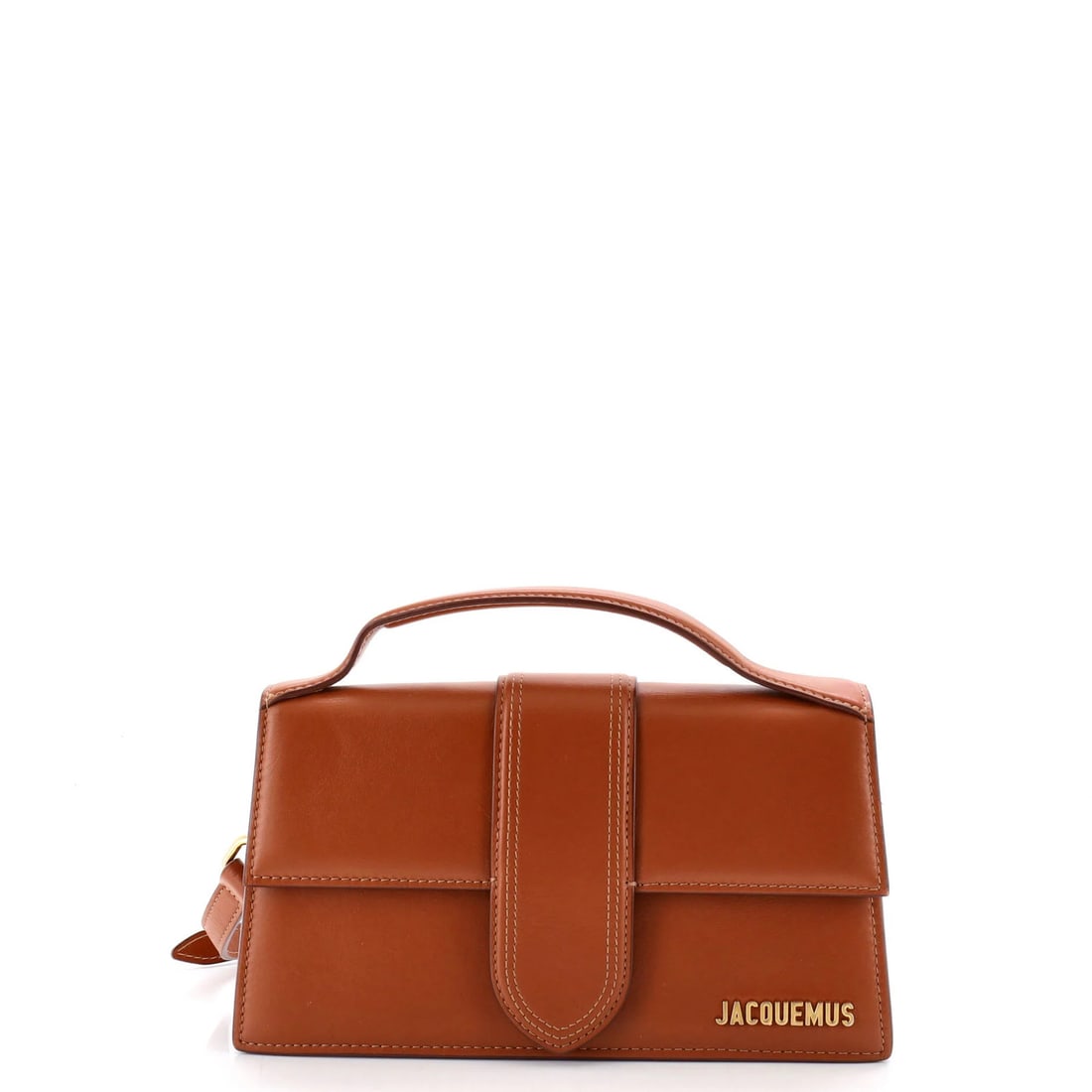 Leather flap bag bambino grand by Jacquemus: Leather flap bag bambino grand by Jacquemus Brown leather flap bag with gold hardware, featuring a neutral interior and minor creases, scuffs, and edge wear. The bag measures 4.5" high, 9.5" wide, and