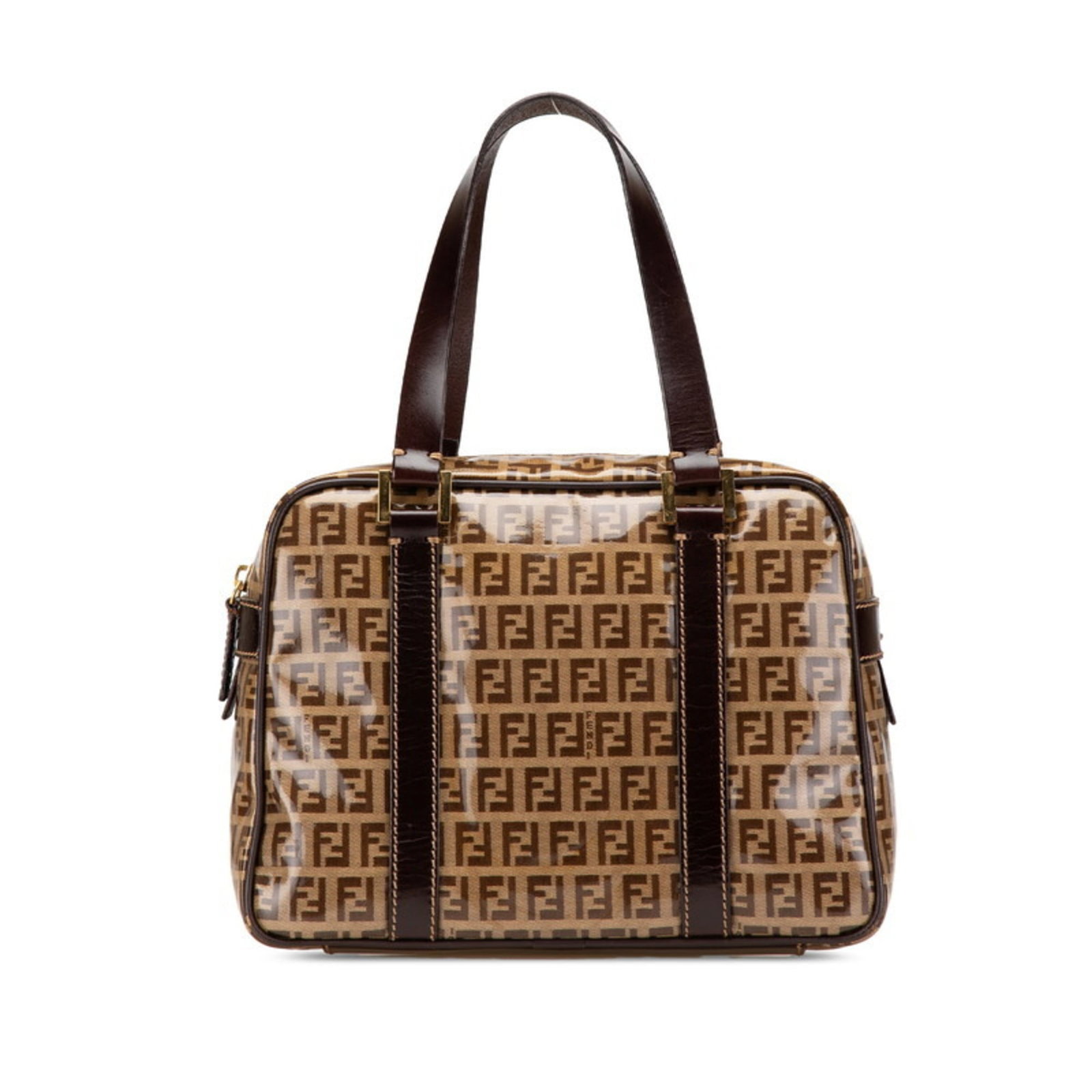 Handbag Fendi Leather Canvas: Handbag Fendi Leather Canvas This Fendi handbag features a unique combination of leather and canvas, with enamel leather trim. Made in brown, it has a distinctive size and shape, measuring 18cm x 25cm