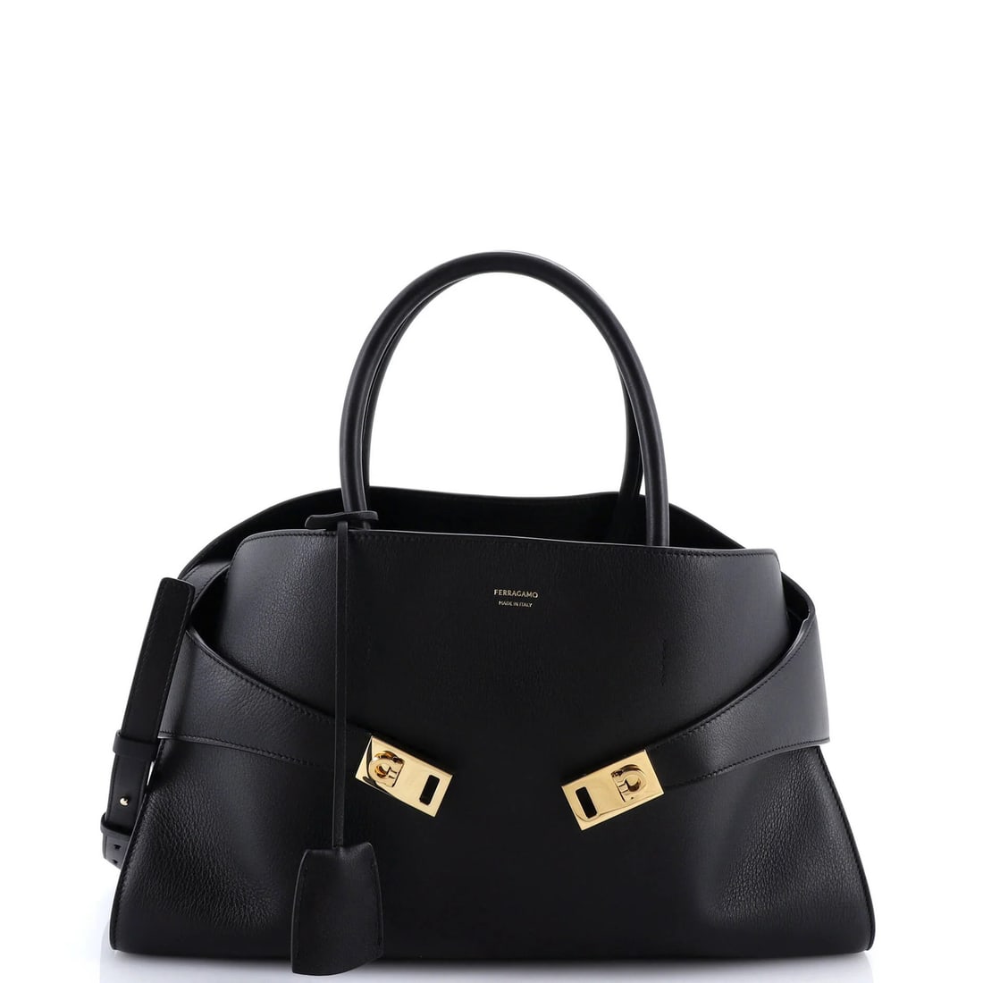 Salvatore Ferragamo Leather Bag Large Hug Top Handle: Salvatore Ferragamo Leather Bag Large Hug Top Handle Large Leather Satchel with Gold Hardware, Black Exterior and Interior. This Salvatore Ferragamo Hug Top Handle bag features high-quality leather