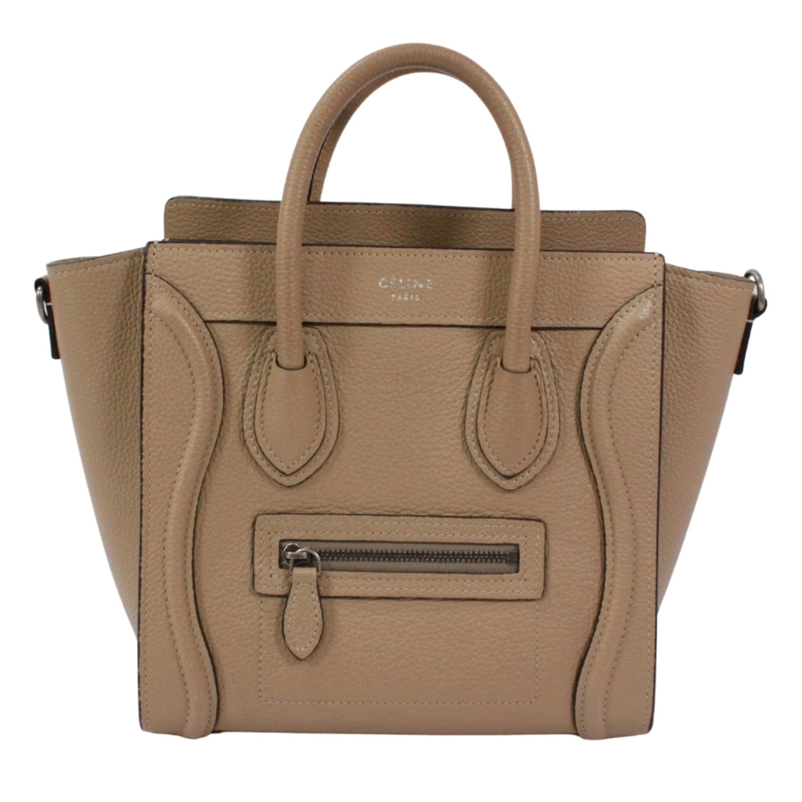 Handbag Celine Leather: Handbag Celine Leather This Celine leather handbag features a classic design with clean lines and a timeless beige color. Made from high-quality Italian leather, its compact size makes it perfect for