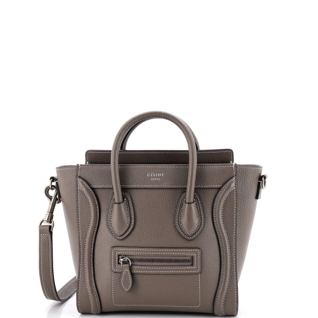 Luggage bag in grainy leather nano: Luggage bag in grainy leather nano Gray grainy leather nano cross body bag with silver hardware, featuring suede interior and scuffed exterior. Measures 8" high x 7.5" wide x 4" deep, with a 19" strap