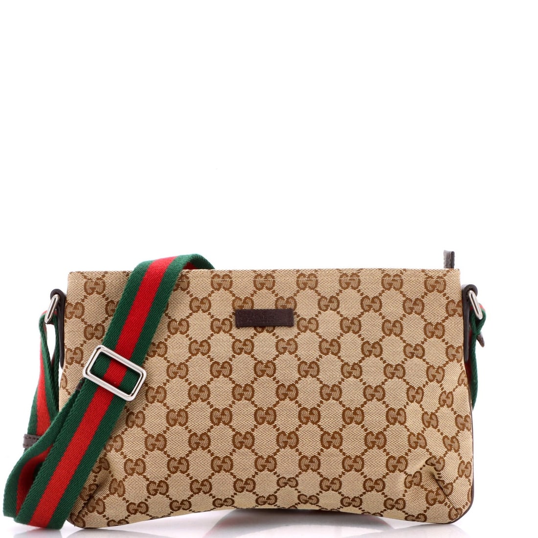 Gucci Web Strap Messenger Bag GG Canvas Small: Gucci Web Strap Messenger Bag GG Canvas Small Small Gucci Web Strap Messenger Bag in Brown Canvas, featuring a classic cross-body design with gold-tone hardware and minor creases on the exterior. The