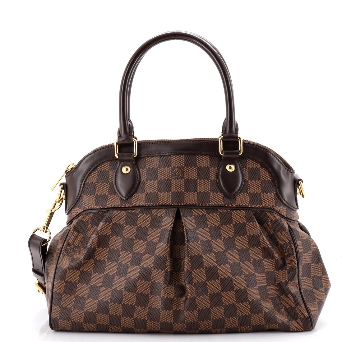 Damier PM Handbag Trevi Vuitton Louis: Damier PM Handbag Trevi Vuitton Louis Brown Damier PM Handbag with Gold Hardware, featuring a canvas coated exterior and microfiber interior in red. This Louis Vuitton Trevi handbag measures 10"